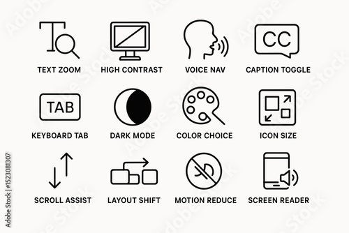 Accessibility features icons: text zoom, high contrast, voice navigation, caption toggle