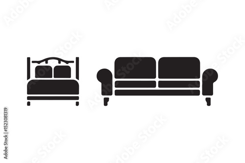 Bed and Sofa Silhouette Icons Home Furniture Vector