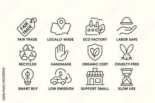 Fair trade and eco-friendly shopping icons: sustainable practices and ethical consumerism