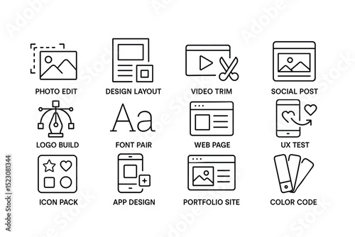 Creative design tools icon set for editing, layout, and social media projects