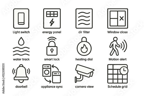 Smart home device icons: light switch, energy panel, air filter, window, security, alerts