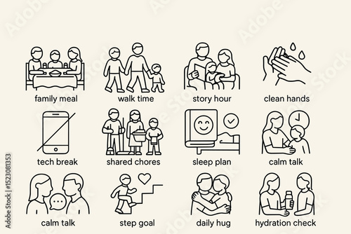 Everyday family activities: meals, walks, chores, sleep, hygiene, and more