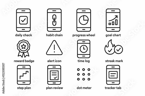 Mobile app icons for goal tracking and productivity with charts and alerts