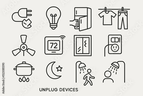 Energy saving symbols: unplugging devices and efficient home practices