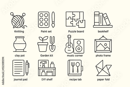 Creative icon set featuring knitting, art supplies, puzzle, bookshelf, gardening, music