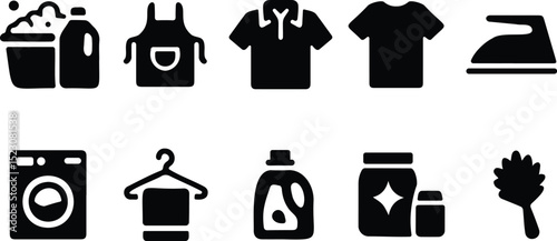 Household laundry and cleaning icon set including detergent, iron, washing machine, and tools in black silhouette style