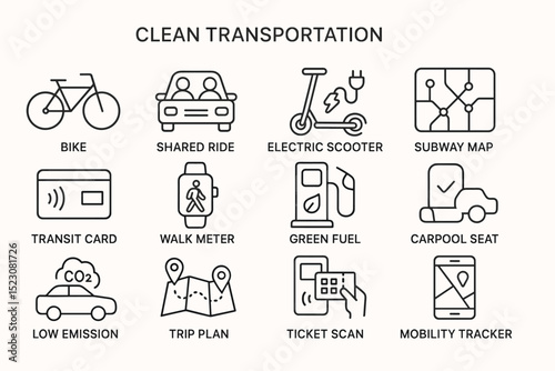 Icons representing clean transportation solutions for urban mobility