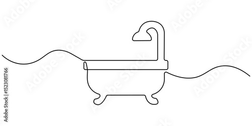 Continuous Line Drawing of Baby Bath Icon. Hand Drawn Symbol Vector Illustration, bathtub with shower continuous one line drawing, Continuous one line drawing of bathtub design. Simple bath in single 