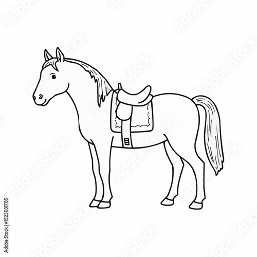 Coloring page, horse standing with saddle in simple line drawing style  