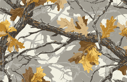 A seamless pattern of camouflage with tree branches and leaves, on a beige background, Realtree forest camouflage pattern for hunting and military uniforms, featuring realistic tree bark, branches