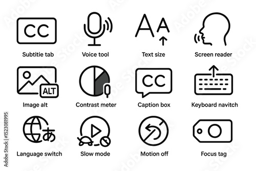 Accessibility icons: subtitles, voice tool, screen reader, contrast, captions, navigation