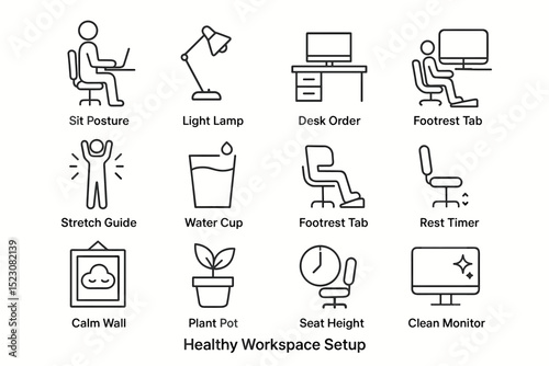 Icon set for optimizing a healthy workspace setup and ergonomics