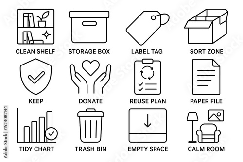 Organizational icons for clean shelves, storage solutions, and donation plans