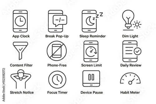 Icons depicting mobile usage management and wellness features