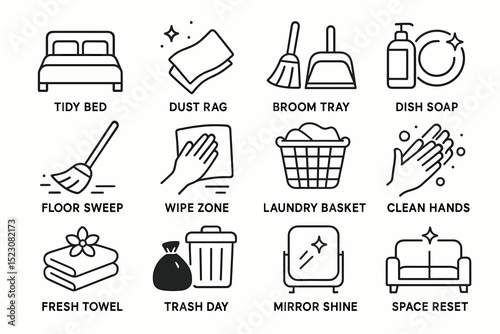 Tidy room essentials: cleaning icons including broom, dish soap, laundry basket, trash bin