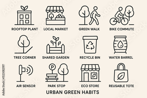Urban green habits: eco-friendly icons for sustainable living