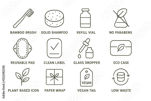 Eco-friendly personal care icons: bamboo brush, solid shampoo, refill vial, no parabens, vegan tag