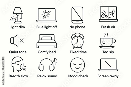 Nighttime routine icons: sleep habits and relaxation symbols