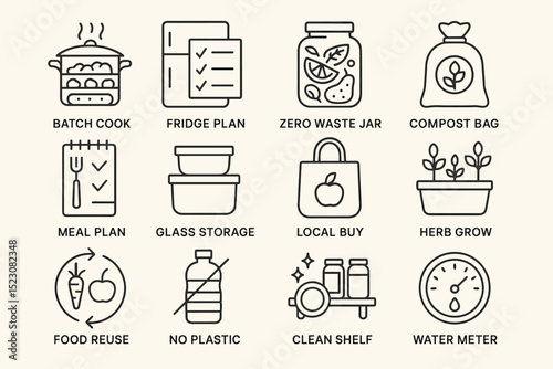 Eco-friendly household icons: batch cooking, zero waste, composting, and more