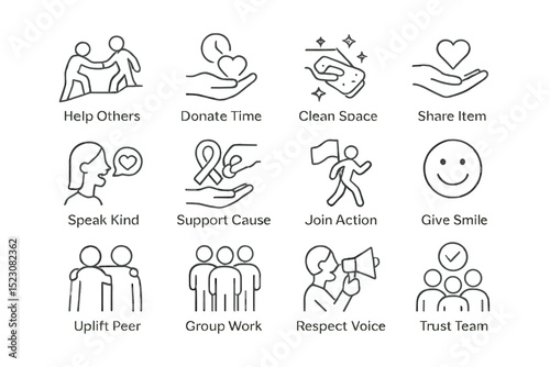 Line art icons representing community service and team collaboration activities