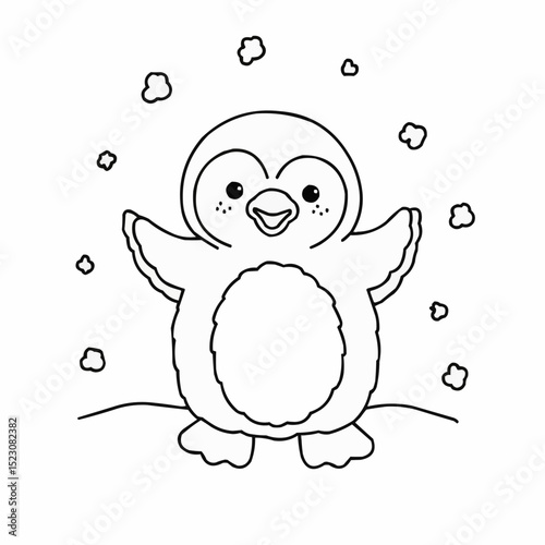 Coloring page, cute penguin playing in the snow with arms outstretched  