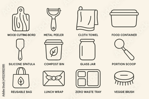 Eco-friendly kitchen tools: compost bin, food container, silicone spatula, reusable bag, metal peeler