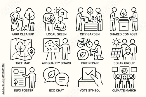 Community initiatives: cleanup, green spaces, composting, and sustainability efforts illustrated
