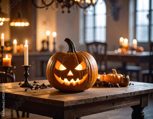 Halloween pumpkin on a rustic table