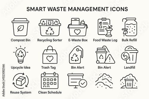Smart waste management icons: compost, recycling, e-waste, food log, bulk refill