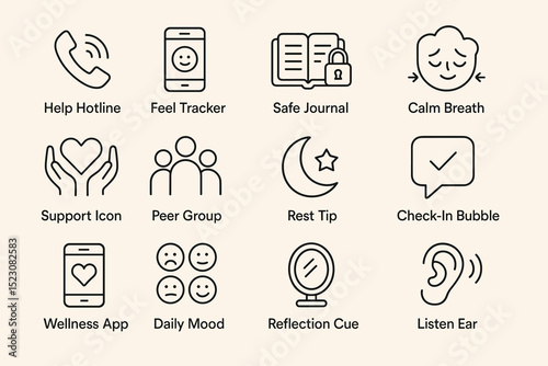 Mental health icon set featuring calm, support, wellness, and reflection symbols