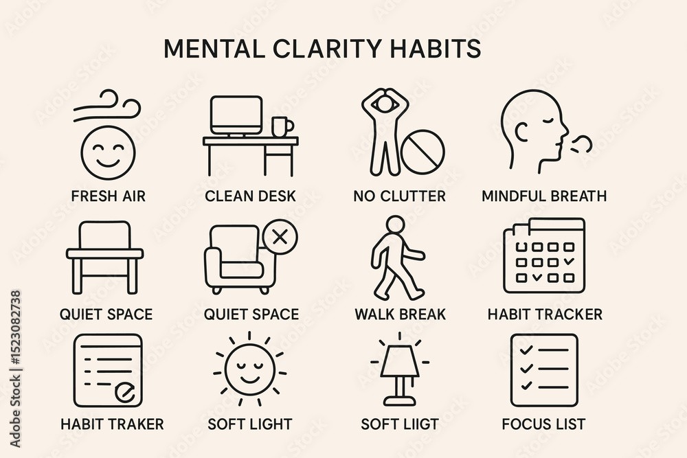 Fototapeta premium Mental clarity habits icons including fresh air, clean desk, walk break, soft light, focus list