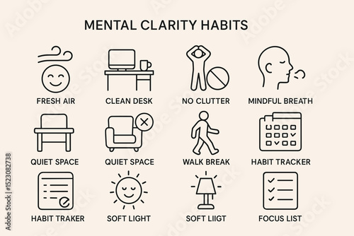Mental clarity habits icons including fresh air, clean desk, walk break, soft light, focus list