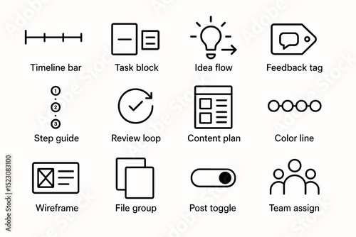 Collection of minimalist user interface icons for project management