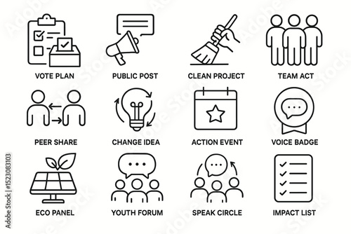 Icons representing community, environment, and social initiatives - vote plan, clean project, eco panel