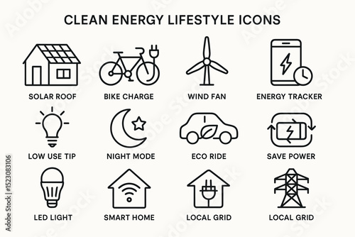 Clean energy icons: solar, bike, wind, tracker, smart home, eco