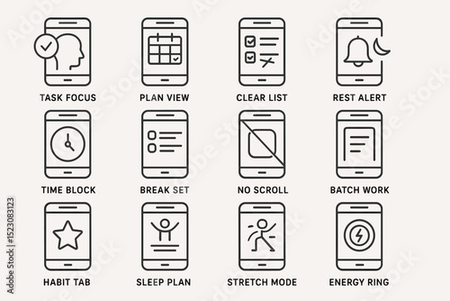 Task management mobile icons: focus, planning, alerts, and health features