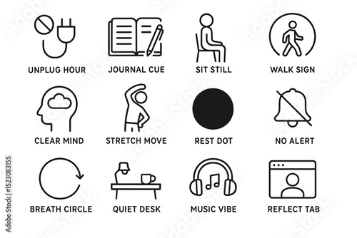 Icon set illustrating relaxation and productivity activities and tools