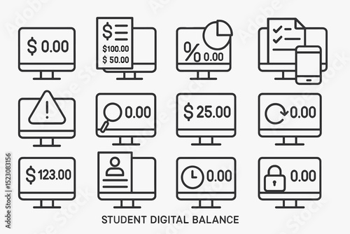 Student digital balance overview with financial and security icons on screens