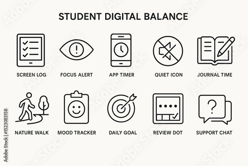 Icons for student digital balance: screen log, app timer, journal time, nature walk, mood tracker