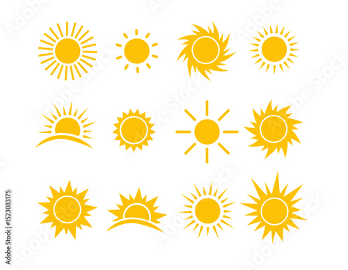 Sun icon set. Yellow sun star icons collection. Vector