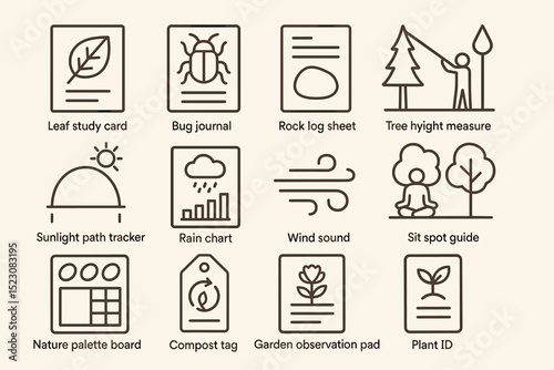 Nature activity icons set featuring cards sheets and guides for children