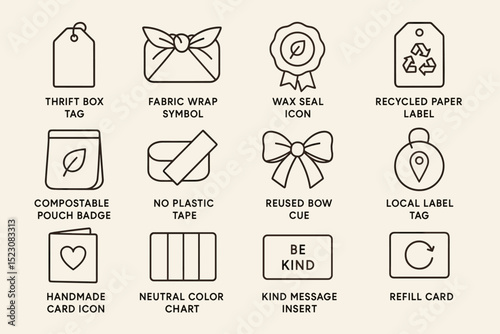 Eco-friendly packaging icons: thrift, recycled, fabric, compostable, refill