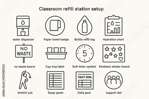 Classroom refill station setup with water dispenser and hydration tools