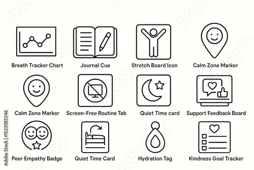 Wellness icons set: journal, stretch, calm zone, peer empathy, screen-free routine