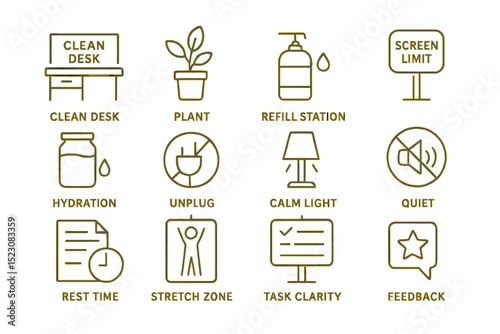 Office icons illustrating clean desk, hydration, and task clarity on yellow background