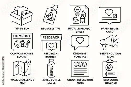 Sustainable initiatives: thrift box, reusable tag, upcycle project, compost waste, eco score tracker