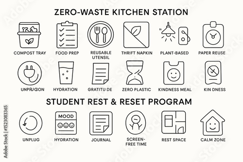 Zero-waste kitchen and student rest program icons for sustainability and wellness