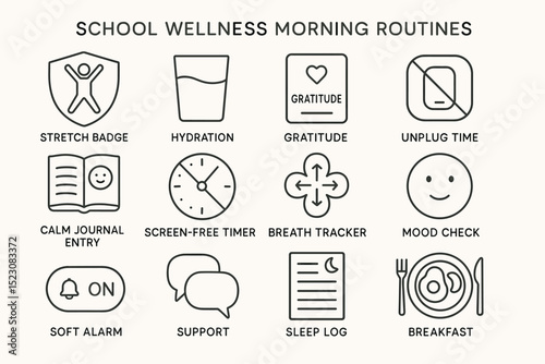 School wellness morning routines: stretch, hydration, gratitude, unplug, calm, screen-free, breath, mood, support, sleep, breakfast guide