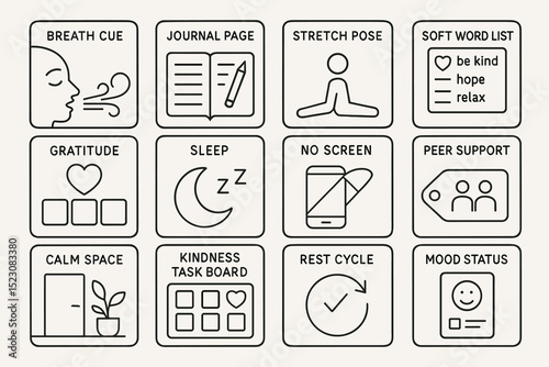 Mindfulness and wellbeing icons: breath, journal, stretch, sleep, support