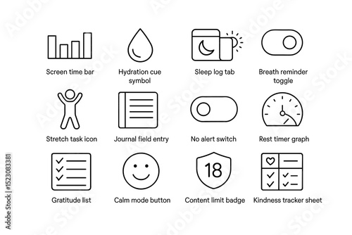 Minimalist icons for health and wellness apps: timers, logs, and trackers